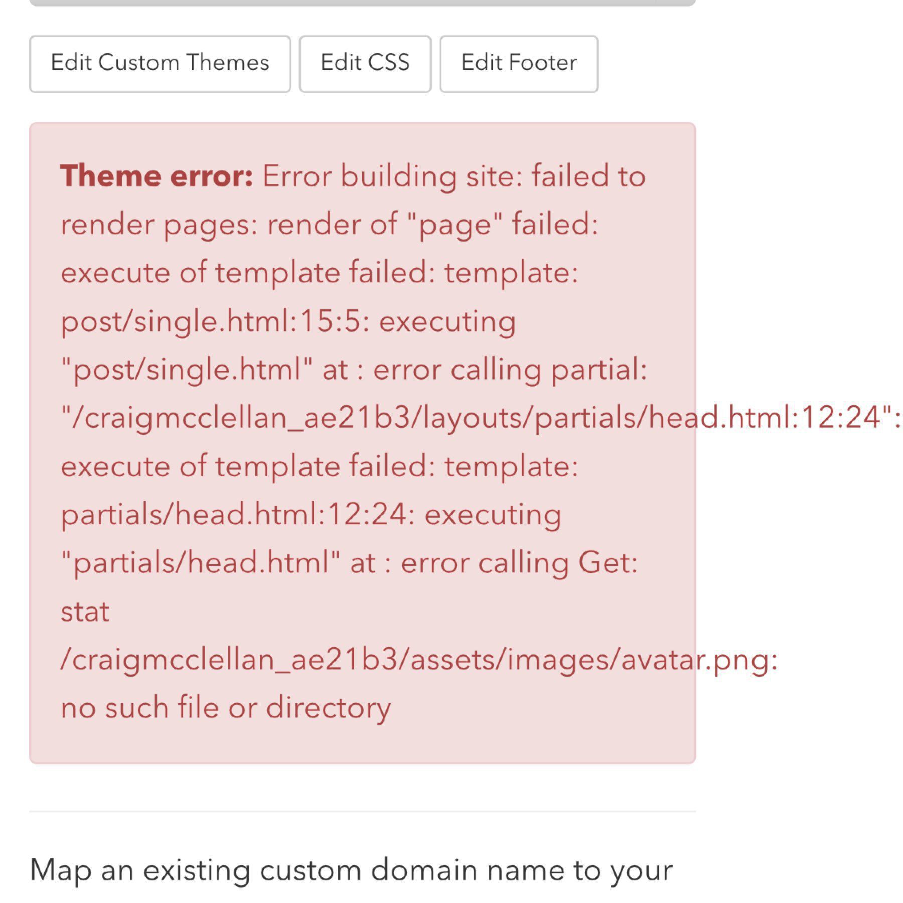 Screenshot of error from Micro.blog
